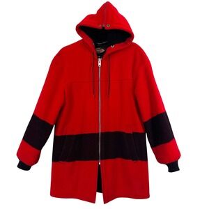 Vintage 50s Lakeland Wool Blanket Mackinaw Coat Red Black Stripe Hooded 36 Men's